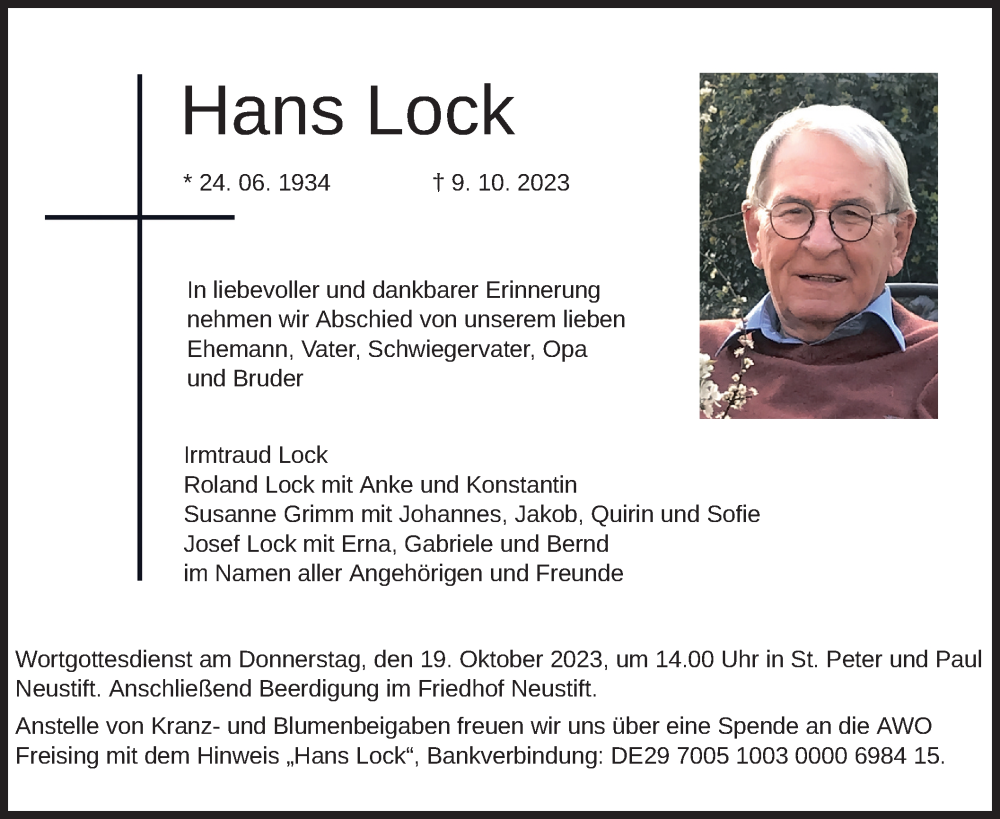  Traueranzeige für Hans Lock vom 14.10.2023 aus merkurtz
