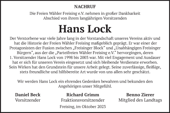 Traueranzeige von Hans Lock von merkurtz