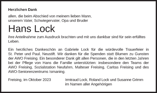 Traueranzeige von Hans Lock von merkurtz