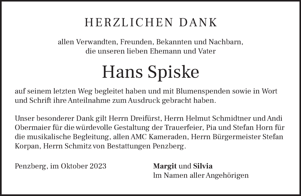  Traueranzeige für Hans Spiske vom 14.10.2023 aus Das Gelbe Blatt Penzberg