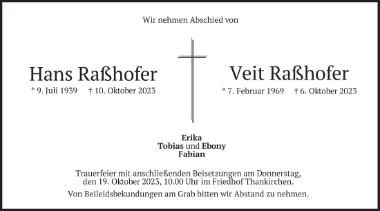 Traueranzeige von Hans und Veit Raßhofer von merkurtz