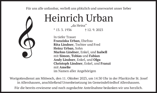 Traueranzeige von Heinrich Urban von merkurtz