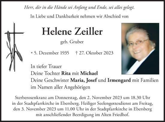 Traueranzeige von Helene Zeiller von merkurtz