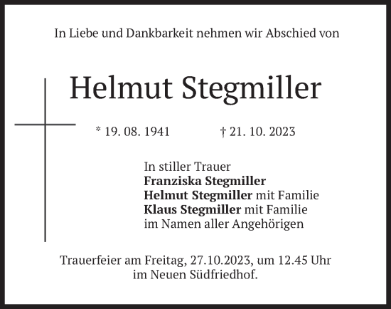 Traueranzeige von Helmut Stegmiller von merkurtz