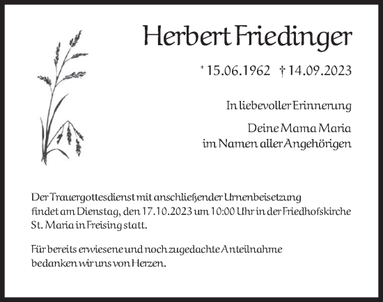 Traueranzeige von Herbert Friedinger von merkurtz