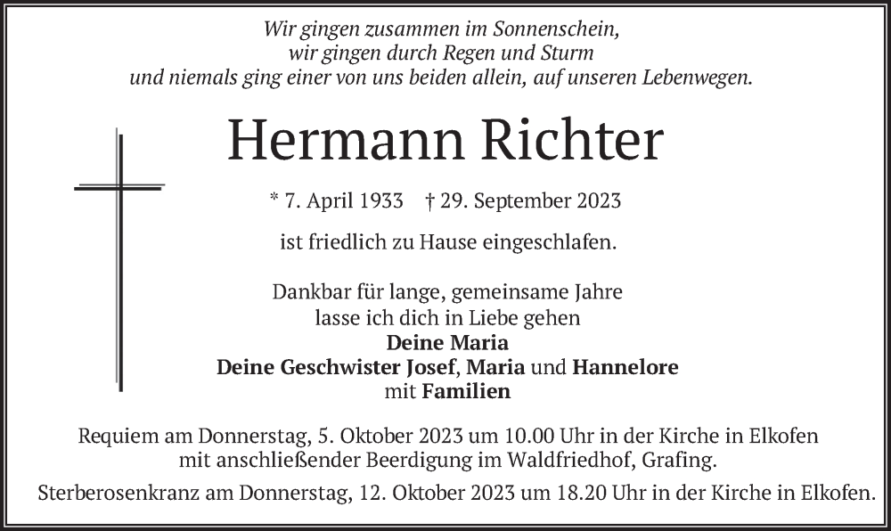  Traueranzeige für Hermann Richter vom 04.10.2023 aus merkurtz
