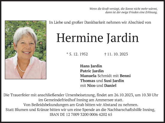 Traueranzeige von Hermine Jardin von merkurtz