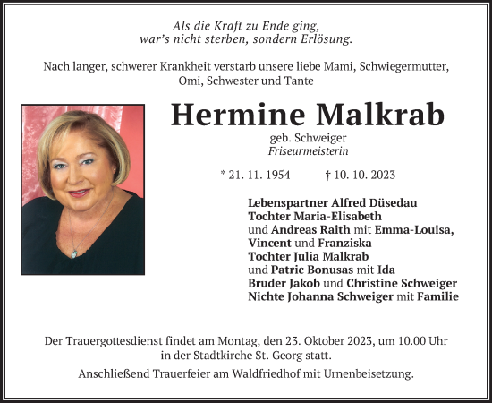 Traueranzeige von Hermine Malkrab von merkurtz