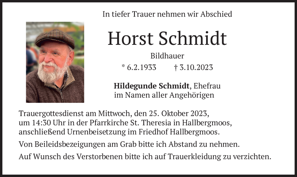  Traueranzeige für Horst Schmidt vom 21.10.2023 aus merkurtz