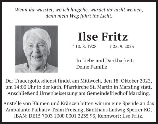Traueranzeige von Ilse Fritz von merkurtz