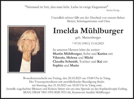 Traueranzeige von Imelda Mühlburger von merkurtz