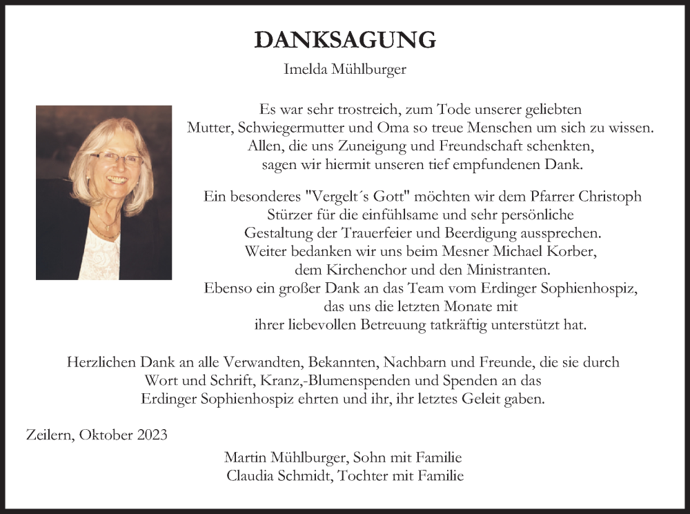  Traueranzeige für Imelda Mühlburger vom 25.10.2023 aus merkurtz