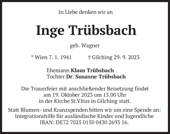 Traueranzeige von Inge Trübsbach von merkurtz