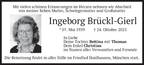 Traueranzeige von Ingeborg Brückl-Gierl von merkurtz
