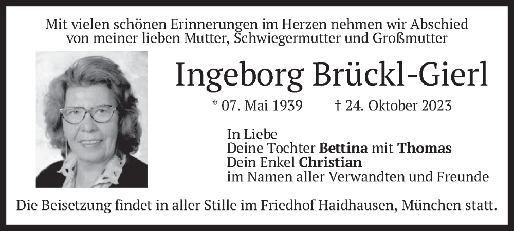  Traueranzeige für Ingeborg Brückl-Gierl vom 28.10.2023 aus merkurtz