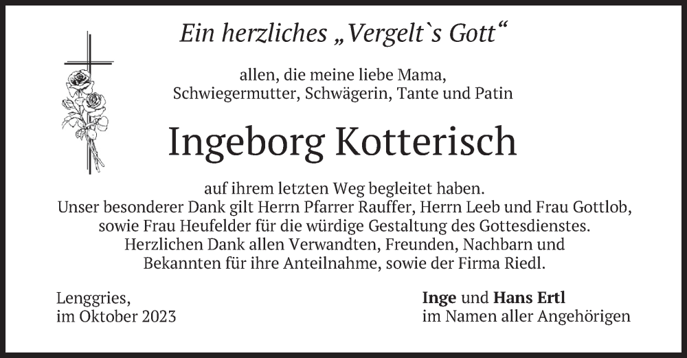  Traueranzeige für Ingeborg Kotterisch vom 28.10.2023 aus merkurtz