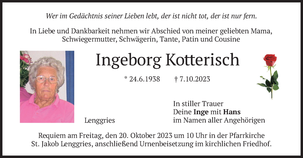  Traueranzeige für Ingeborg Kotterisch vom 18.10.2023 aus merkurtz