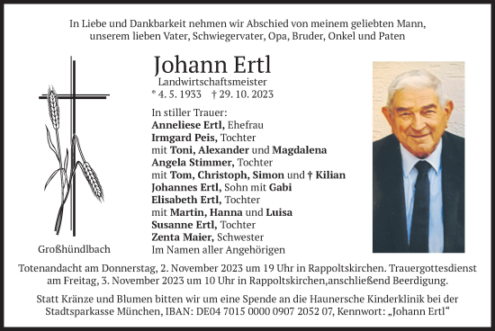 Traueranzeige von Johann Ertl von merkurtz