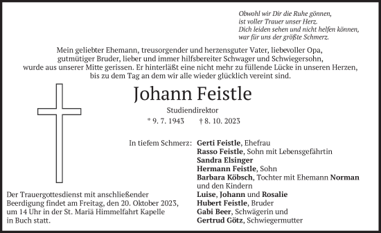 Traueranzeige von Johann Feistle von merkurtz