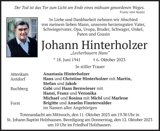 Traueranzeige von Johann Hinterholzer von merkurtz