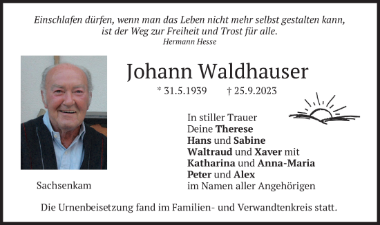 Traueranzeige von Johann Waldhauser von merkurtz