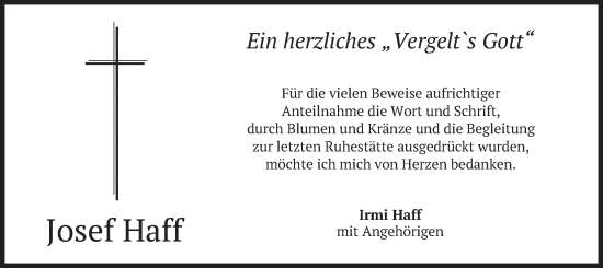 Traueranzeige von Josef Haff von merkurtz