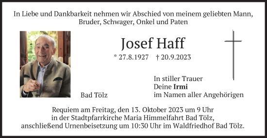 Traueranzeige von Josef Haff von merkurtz