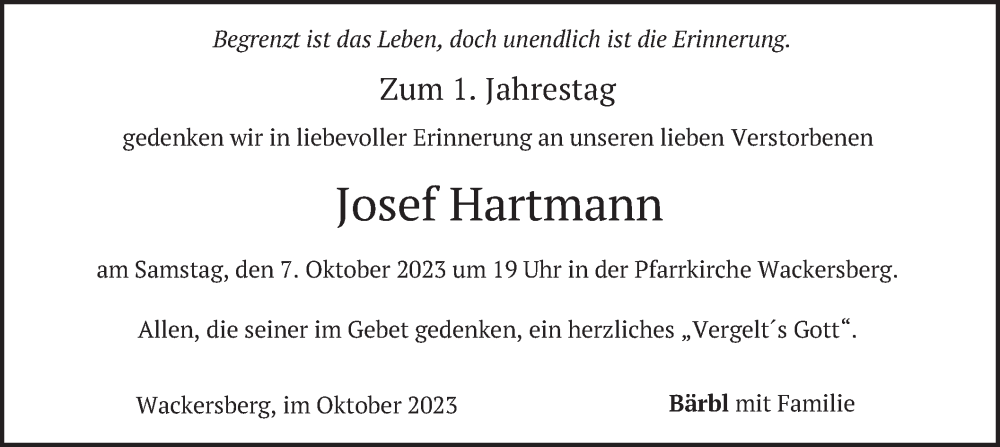  Traueranzeige für Josef Hartmann vom 05.10.2023 aus merkurtz
