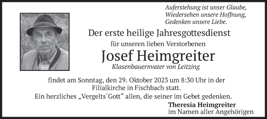 Traueranzeige von Josef Heimgreiter von merkurtz