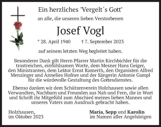 Traueranzeige von Josef Vogl von merkurtz