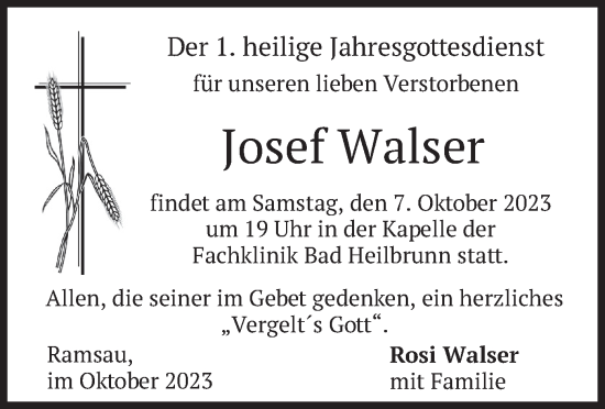 Traueranzeige von Josef Walser von merkurtz