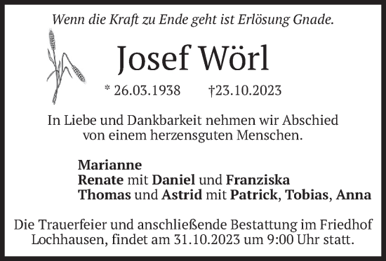 Traueranzeige von Josef Wörl von merkurtz