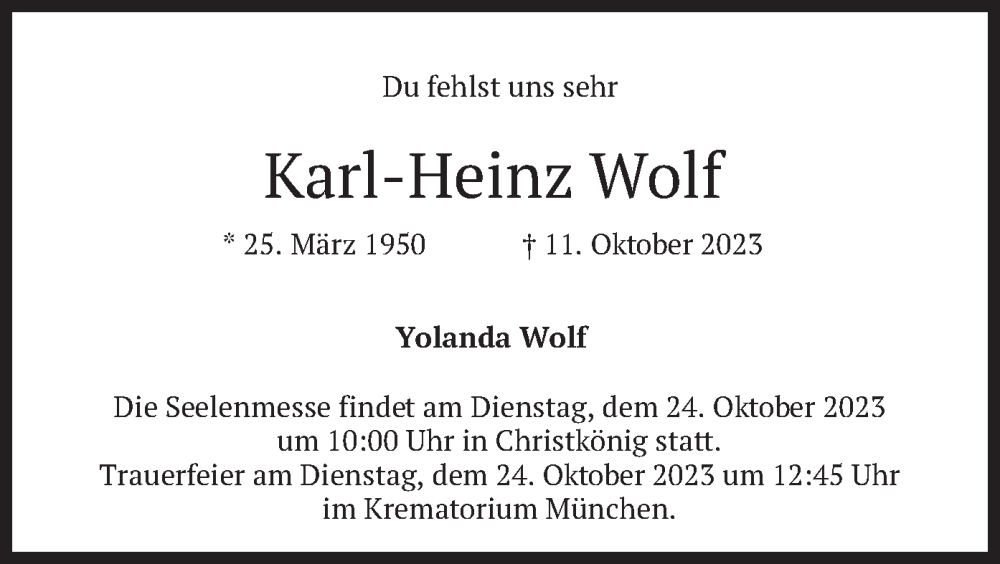  Traueranzeige für Karl-Heinz Wolf vom 21.10.2023 aus merkurtz