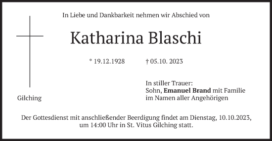 Traueranzeige von Katharina Blaschi von merkurtz
