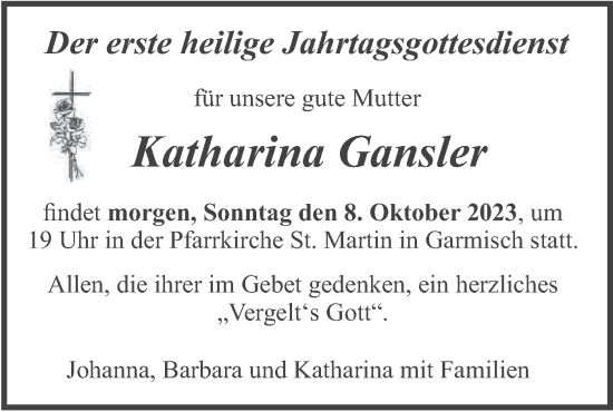 Traueranzeige von Katharina Gansler von merkurtz