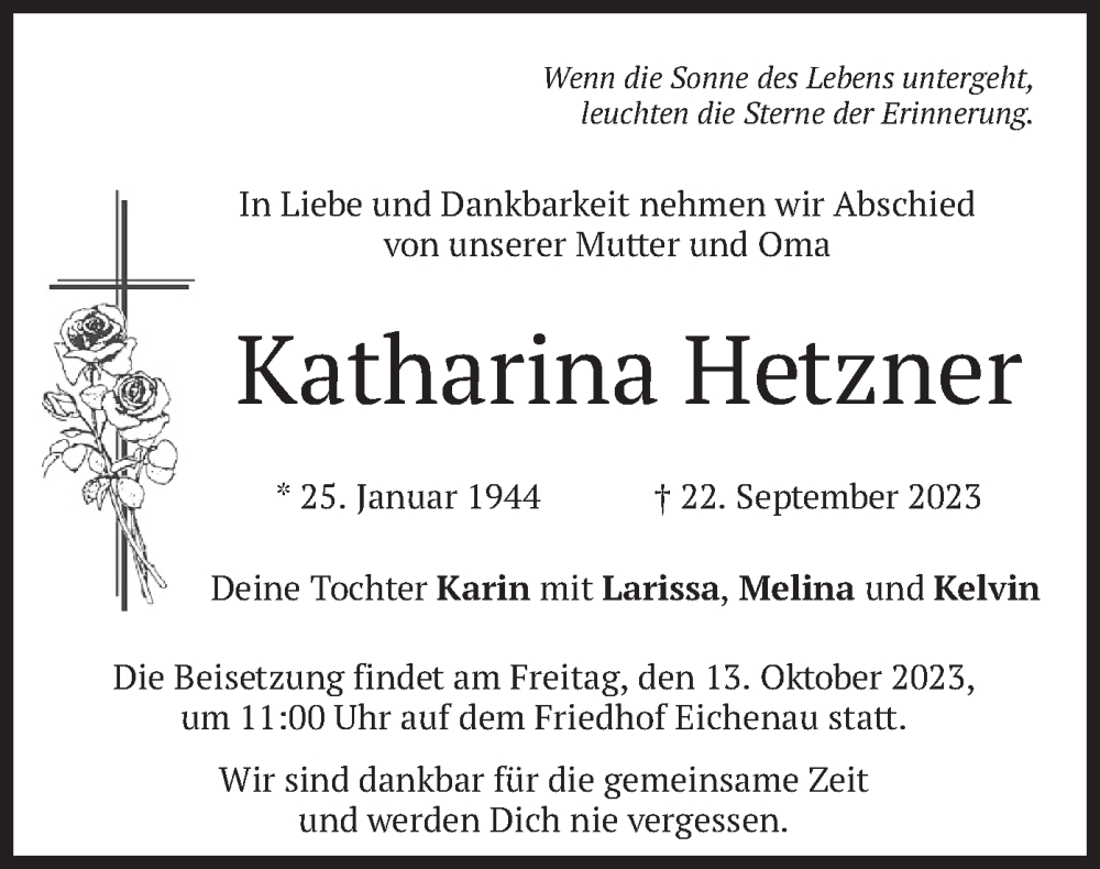  Traueranzeige für Katharina Hetzner vom 07.10.2023 aus merkurtz