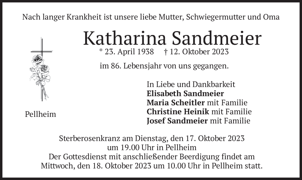  Traueranzeige für Katharina Sandmeier vom 14.10.2023 aus merkurtz