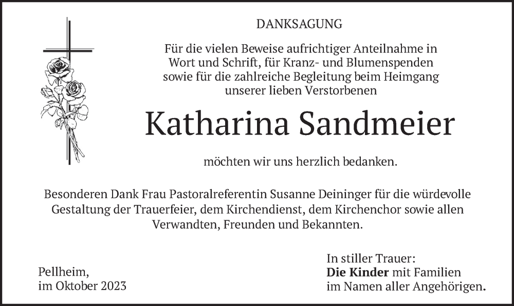  Traueranzeige für Katharina Sandmeier vom 21.10.2023 aus merkurtz