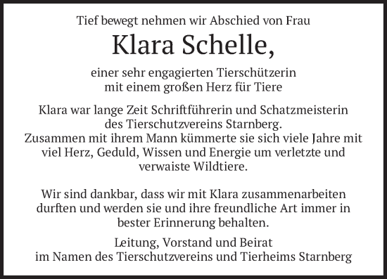 Traueranzeige von Klara Schelle von merkurtz