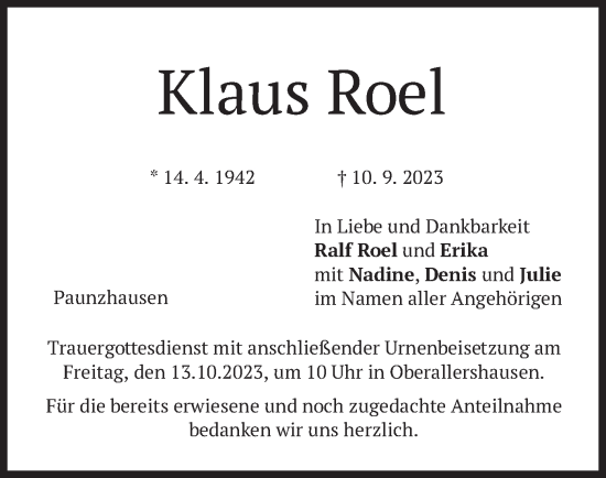 Traueranzeige von Klaus Roel von merkurtz