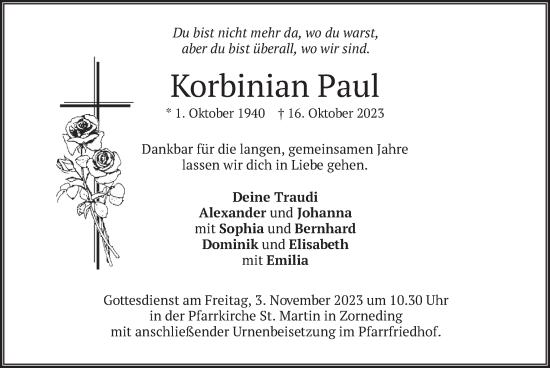 Traueranzeige von Korbinian Paul von merkurtz