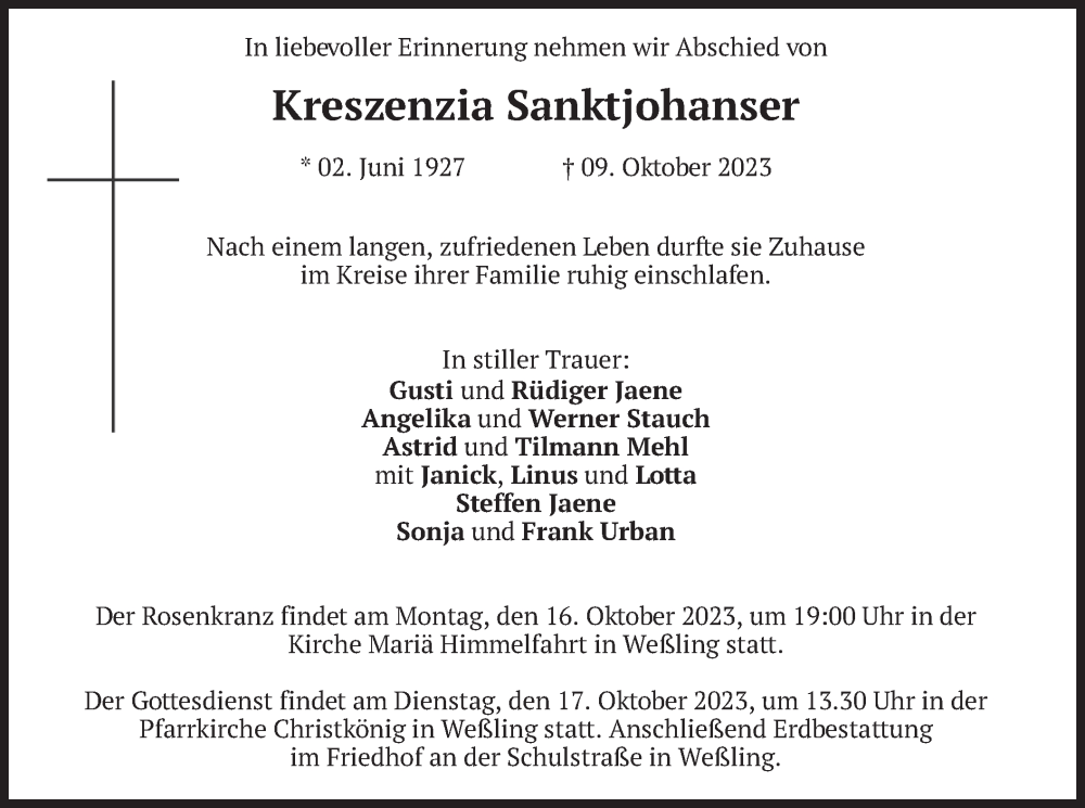  Traueranzeige für Kreszenzia Sanktjohanser vom 14.10.2023 aus merkurtz