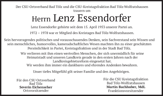 Traueranzeige von Lenz Essendorfer von merkurtz