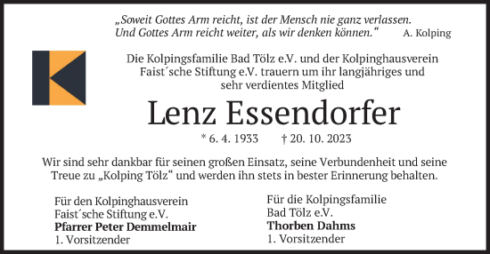 Traueranzeige von Lenz Essendorfer von merkurtz