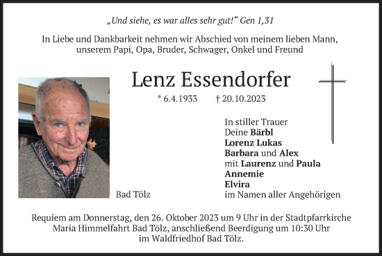 Traueranzeige von Lenz Essendorfer von merkurtz