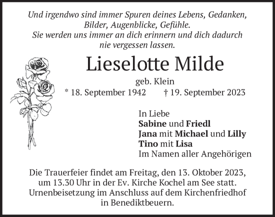 Traueranzeige von Lieselotte Milde von merkurtz