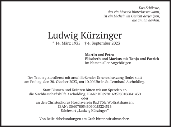 Traueranzeige von Ludwig Kürzinger von merkurtz
