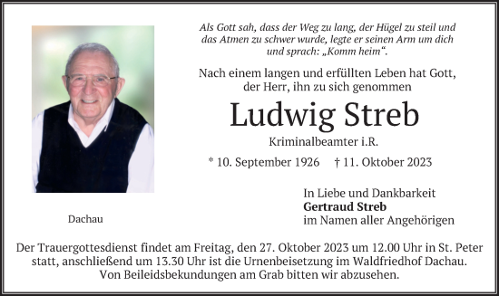 Traueranzeige von Ludwig Streb von merkurtz