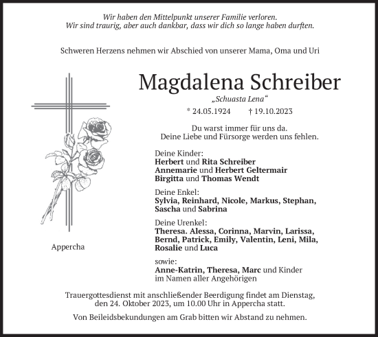 Traueranzeige von Magdalena Schreiber von merkurtz
