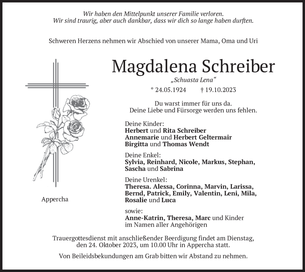  Traueranzeige für Magdalena Schreiber vom 21.10.2023 aus merkurtz